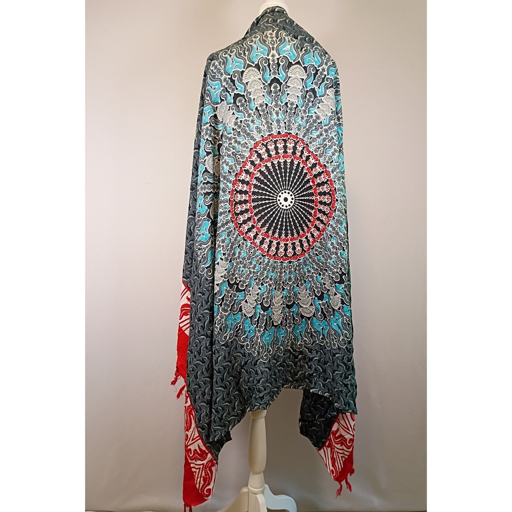 Boho Mandala Paisley Unbranded Womens OS Gray Red Tassel Fringe Wrap Scarf